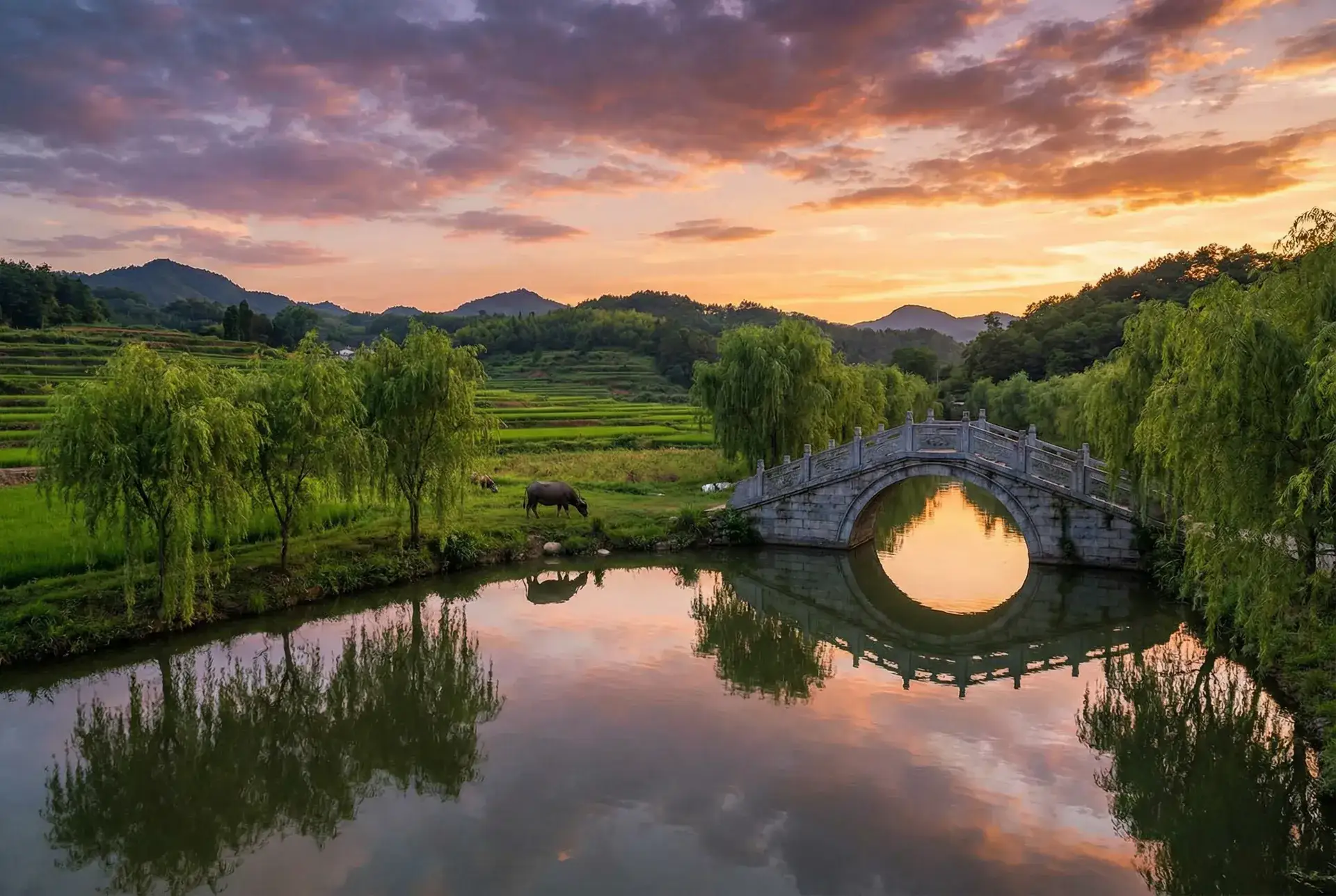 夕阳下的石拱桥与垂柳，水牛在河边吃草 - 妹调教日记 乡村美景